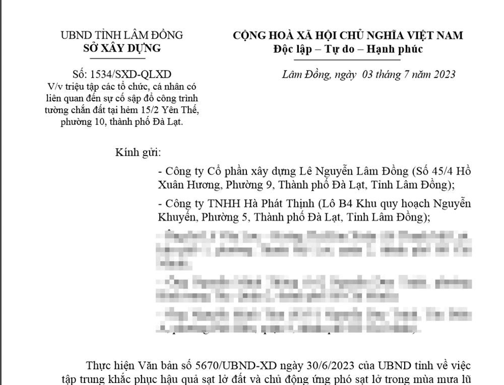 Giấy triệu tập của Sở Xây dựng tỉnh Lâm Đồng