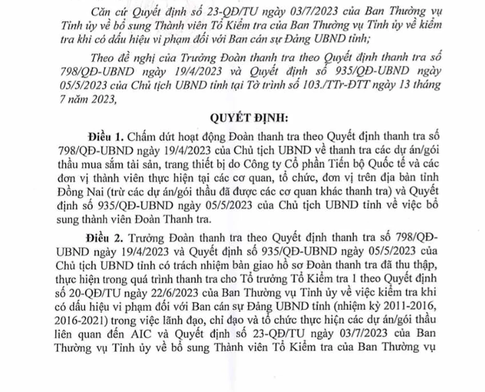 Quyết định chấm dứt hoạt động của Đoàn Thanh tra về việc thanh tra các dự án, gói thầu mua sắm tài sản, trang thiết bị do Công ty cổ phần Tiến Bộ Quốc Tế (AIC) cung cấp