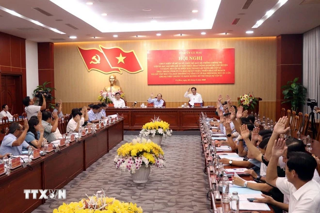 Đại biểu biểu quyết thông qua Nghị quyết của Ban Chấp hành Đảng bộ tỉnh Cà Mau. (Ảnh: Kim Há/TTXVN)