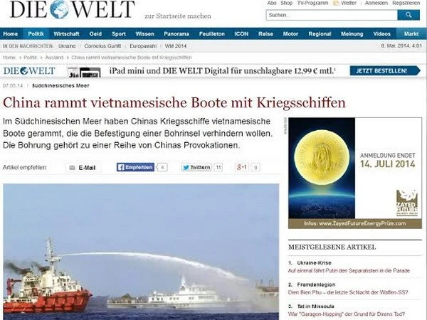 Hàng loạt báo lớn của Đức: “Trung Quốc đã dùng tàu chiến đâm vào tàu Việt Nam“ ảnh 1