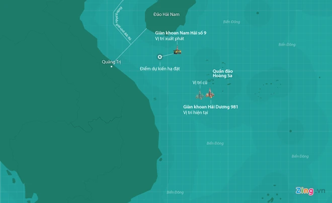 Bản đồ vị trí hạ đặt 2 giàn khoan Hải Dương 981 và Nam Hải số 9 của Trung Quốc. Đồ họa: Nguyên Anh.