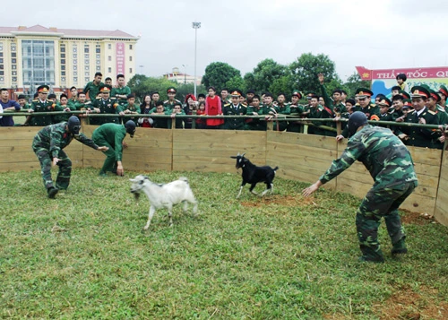 Cán bộ, chiến sĩ Đại đội 9, Tiểu đoàn 39, Lữ đoàn Phòng không 241 trang trí doanh trại đón Tết. Các cơ quan, đơn vị trực thuộc Binh đoàn Quyết Thắng chuẩn bị nội dung thi "Bịt mắt bắt dê". Các chiến sĩ Tiểu đoàn 701 nhận mặt nạ, chuẩn bị phần thi "Bịt mắt bắt dê". Các chiến sĩ trẻ rất hào hứng vào cuộc hết mình với trò chơi dân gian. Các cổ động viên nhiệt tình cổ vũ vô tư cho các đội. Thi đẩy gậy. Thi đi trên cầu độc mộc. Ném còn, một trò chơi được cán bộ, chiến sĩ Tiểu đoàn 39, Lữ đoàn Phòng không 241 yêu thích.