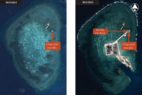 Hình trái là một công trình Bắc Kinh xây dựng trên bãi đá Gaven thuộc quần đảo Trường Sa vào cuối tháng 3 năm ngoái. Trong hình phải, công trình này đã được nối với một đảo nhân tạo mới thông qua một con đường đắp cao. Ảnh: IHS Jane's