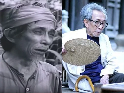 Cố nhà vănKim Lân trong phim (trái) và cuộc sống những ngày cuối đời tại Hà Nội (phải). Ki-L-1203-1442995191.jpg