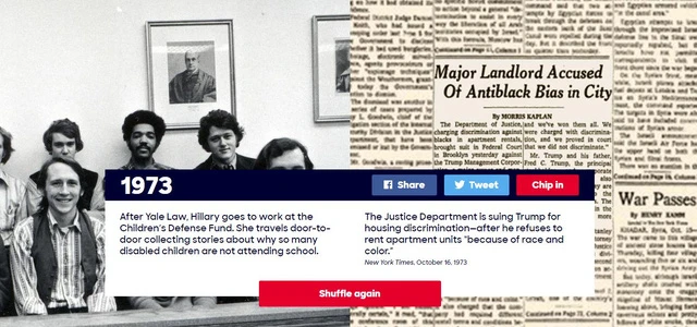 Năm 1973: Sau khi tốt nghiệp Đại học Luật Yale, Hillary vào làm việc tại Quỹ Bảo vệ trẻ em. Bà gõ cửa từng nhà, tìm hiểu nguyên nhân việc rất nhiều trẻ em khuyết tật không được tới trường. Trong năm này, Bộ Tư pháp Mỹ kiện ông Trump liên quan đến hành vi phân biệt chủng tộc sau khi ông từ chối cho người thiểu số thuê nhà vì “màu da và chủng tộc” của họ.