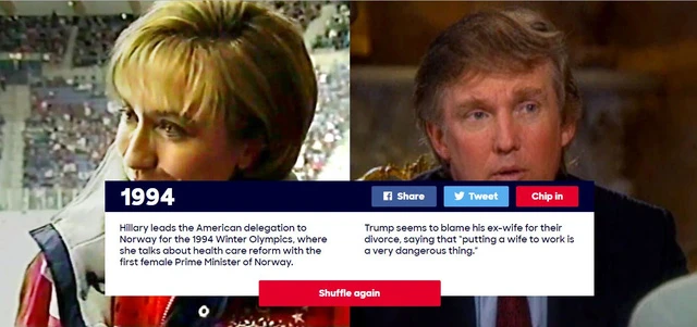 Năm 1994: Trong khi Hillary Clinton dẫn đầu đoàn đại biểu Mỹ tới Na Uy để thảo luận về việc cải cách hệ thống chăm sóc sức khỏe với nữ Thủ tướng đầu tiên của Na Uy, Donald Trump đang vướng vào vụ lùm xùm ly dị với vợ cũ.