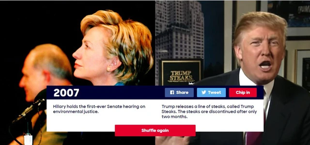 Năm 2007: Bà Hillary tổ chức phiên điều trần đầu tiên của Thượng viện về công lý môi trường. Ông Trump ra mắt thương hiệu bò bít tết mang chính tên ông - Trump Steaks. Tuy nhiên, cửa hàng của ông bị buộc phải đóng cửa chỉ 2 tháng sau đó.