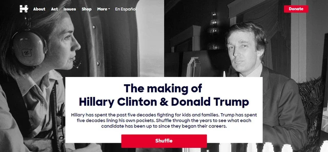 Đây là giao diện bên ngoài của công cụ điện tử mà chiến dịch tranh cử của bà Hillary Clinton đã xây dựng để giúp các cử tri dễ dàng so sánh hoạt động của hai ứng viên tổng thống theo từng năm được lựa chọn ngẫu nhiên. Giao diện ghi rõ: Điều làm nên Hillary Clinton và Donald Trump: Bà Hillary Clinton đã dành 5 thập niên đấu tranh cho trẻ em và các gia đình. Ông Donald Trump đã dành 5 thập niên để kiếm tiền. Nhìn lại những mốc thời gian để xem mỗi ứng viên đã làm những gì kể từ khi bắt đầu sự nghiệp của họ.