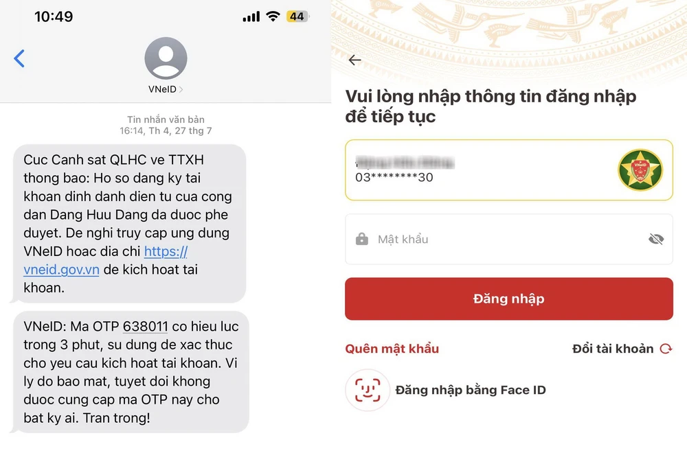 Tin nhắn kích hoạt tài khoản định danh điện tử phải có tiêu đề người gửi đến từ "VNeID" và nội dung như trên. Ảnh: ĐẶNG LÊ