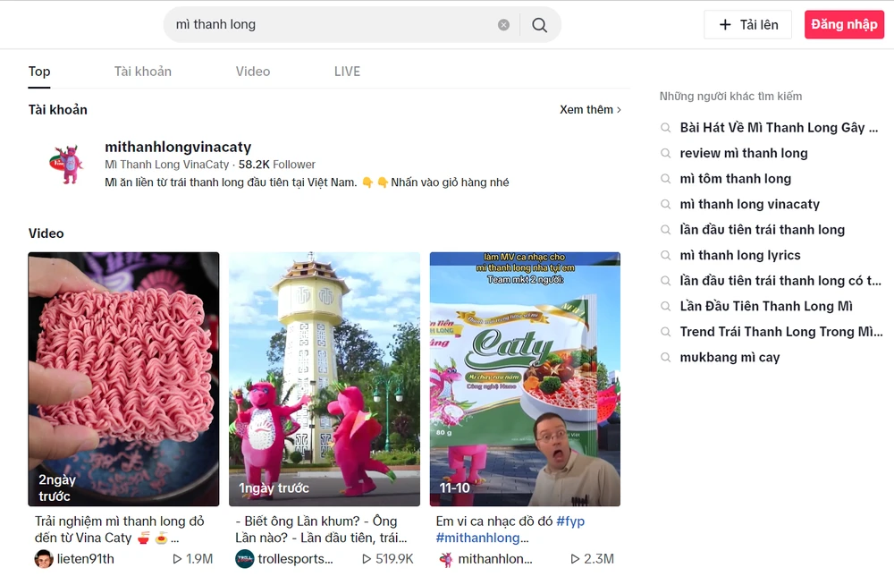 Những video về mì gói thanh long đều có lượt tương tác cao từ cộng đồng mạng. Ảnh MXH .png