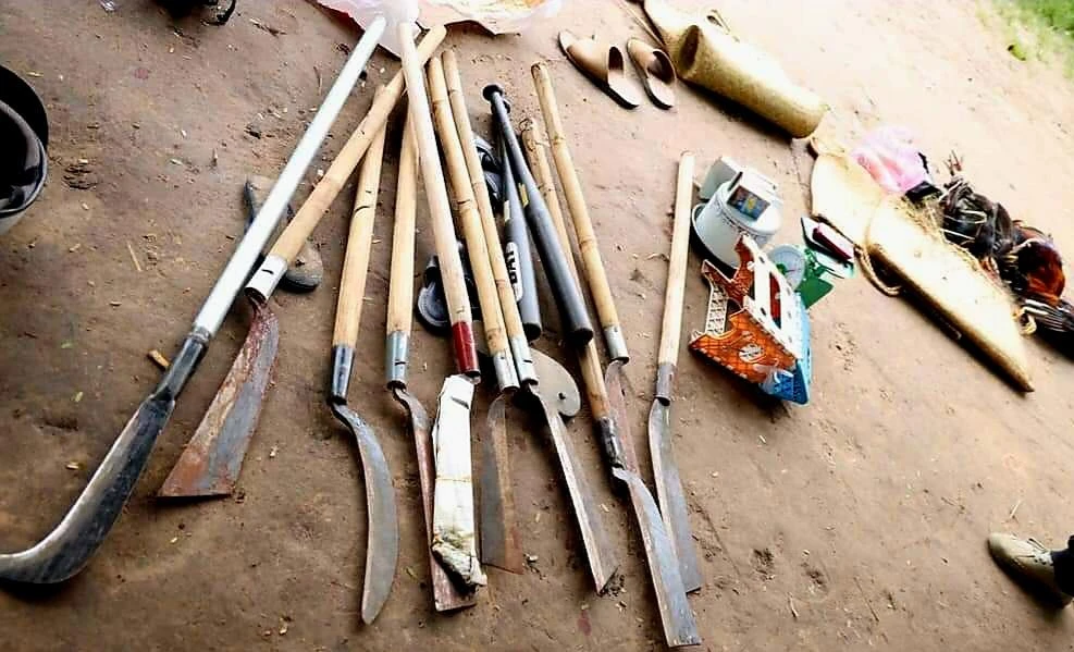 Công an thu giữ nhiều hung khí trong trường gà của Nguyễn Thanh Tú. Ảnh: CACC