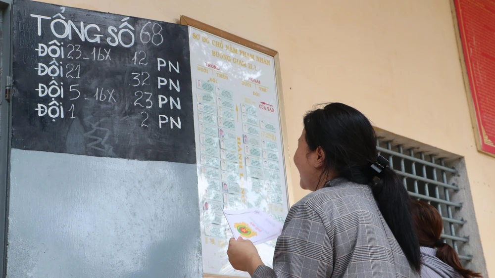 Một thân nhân đang quan tâm chỗ nằm của con em mình khi được thăm nơi giam. Ảnh: VÕ TÙNG