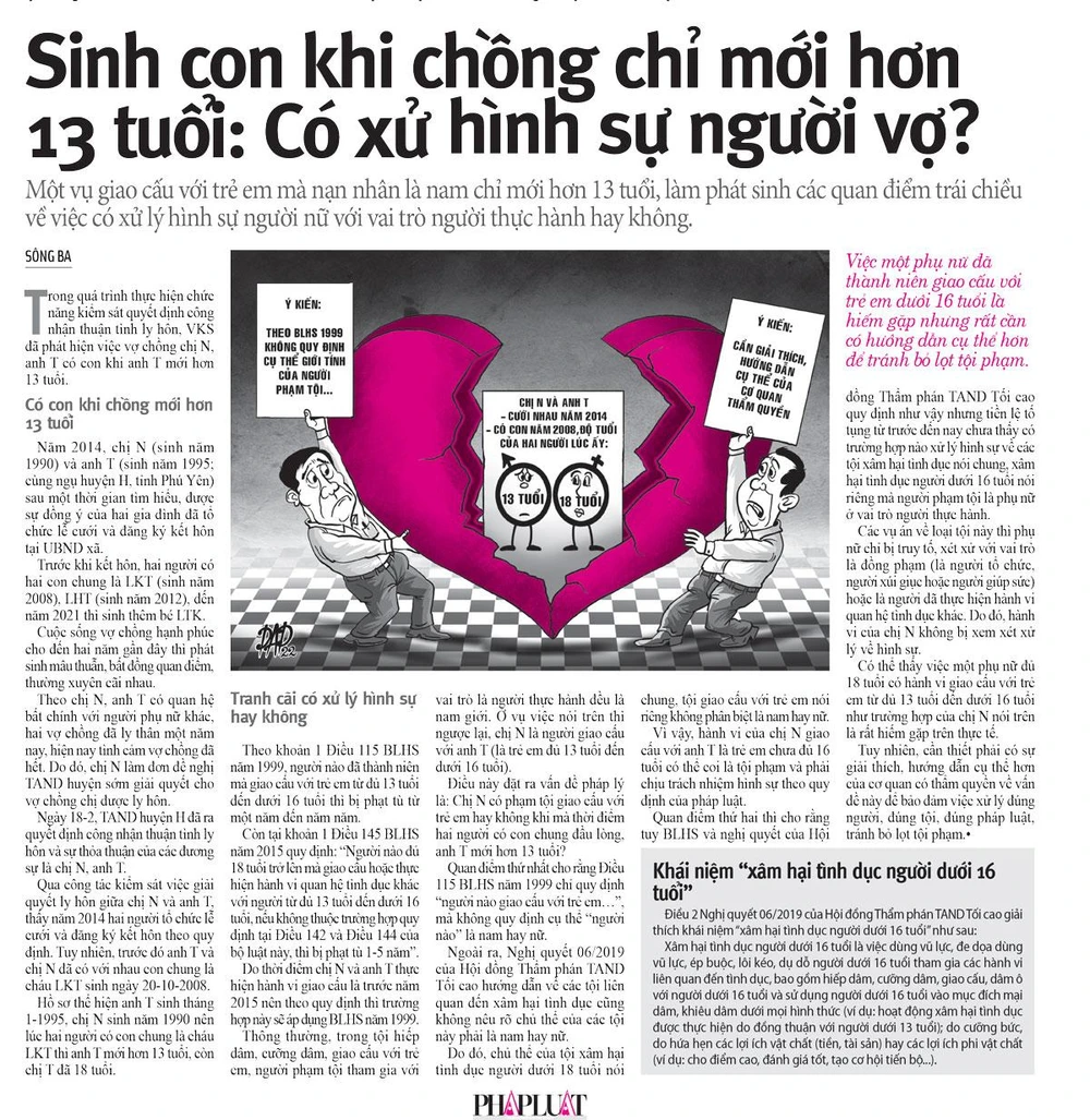 Tranh cãi về việc có xử lý hình sự người vợ trong vụ “sinh con khi chồng chỉ mới hơn 13 tuổi” hay không.