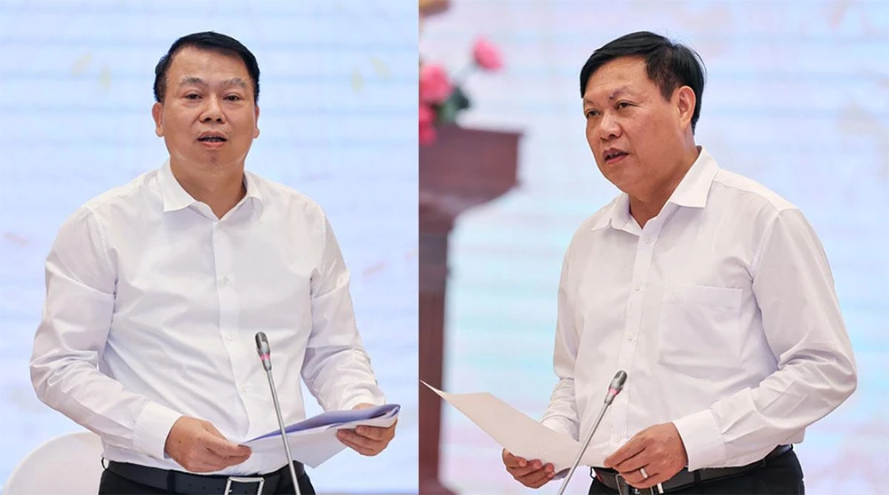 Thứ trưởng Bộ Tài chính Nguyễn Đức Chi (trái) và Thứ trưởng Bộ Y tế Đỗ Xuân Tuyên tại cuộc họp báo. Ảnh: Đ.MINH