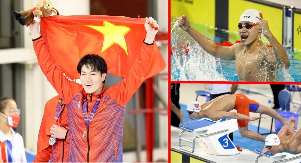 Ba ngôi sao bơi Hưng Nguyên (trái), Thanh Bảo (trên) và Huy Hoàng (dưới) sẽ tiếp tục tỏa sáng trên đường đua xanh SEA Games 31. Ảnh: ANH PHƯƠNG