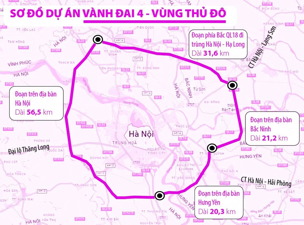 Sơ đồ dự án đường vành đai 4 - vùng thủ đô. Đồ họa: HỒ TRANG