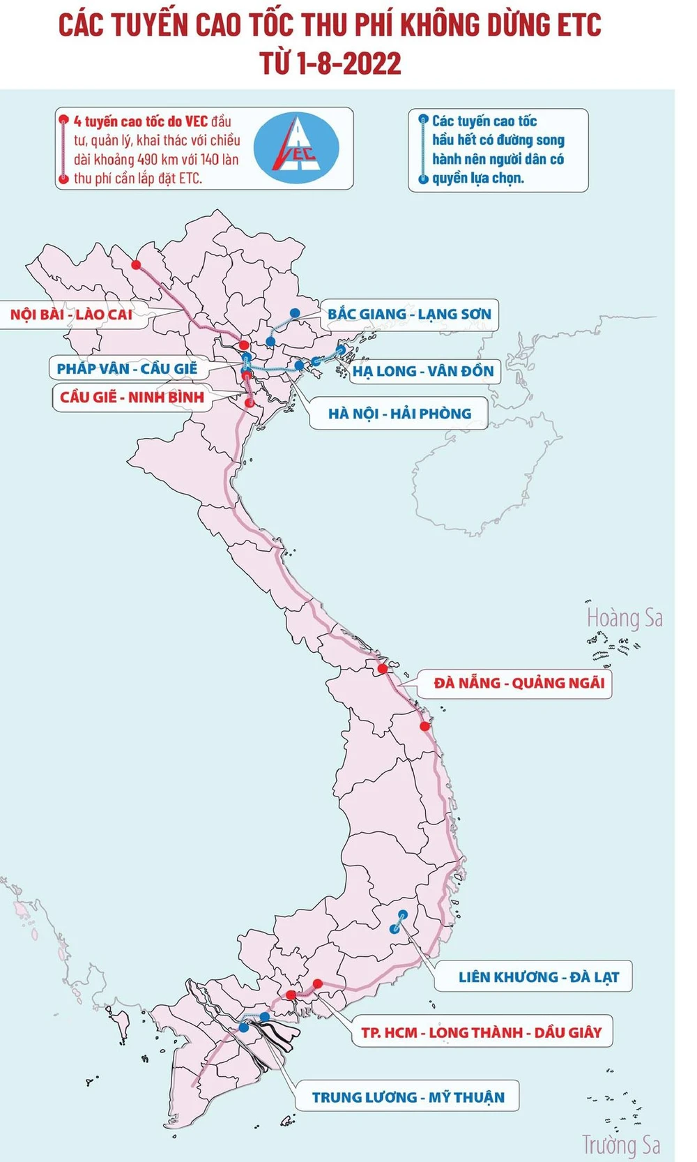 Các tuyến cao tốc sẽ thu phí không dừng từ hôm nay. Đồ họa: HỒ TRANG