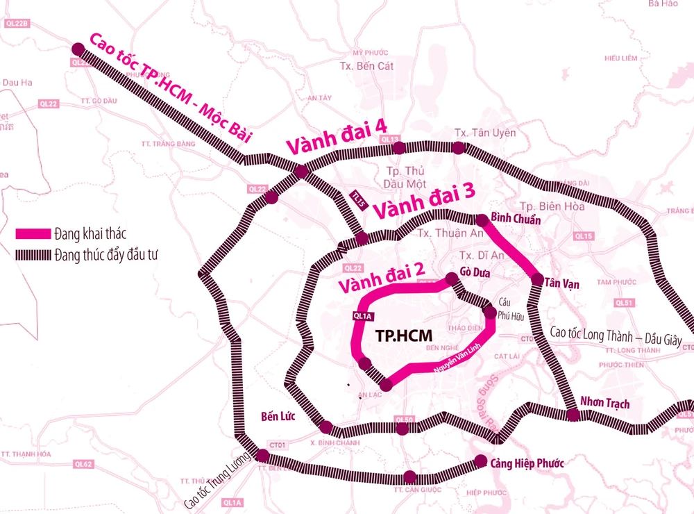 Đường vành đai 4 TP.HCM dài gần 200 km đi qua năm địa phương gồm TP.HCM, Bà Rịa-Vũng Tàu, Đồng Nai, Bình Dương và Long An. Đồ họa: HỒ TRANG