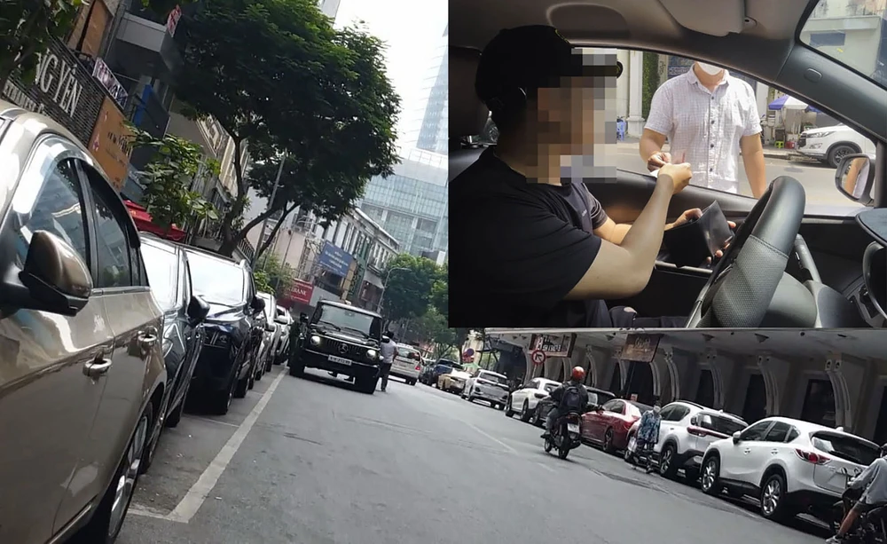 Đường Ngô Đức Kế thu phí đỗ xe qua app nhưng rất nhiều ô tô dừng lại bị một số người ở đây thu tiền mặt. Ảnh: TÂN - YÊN