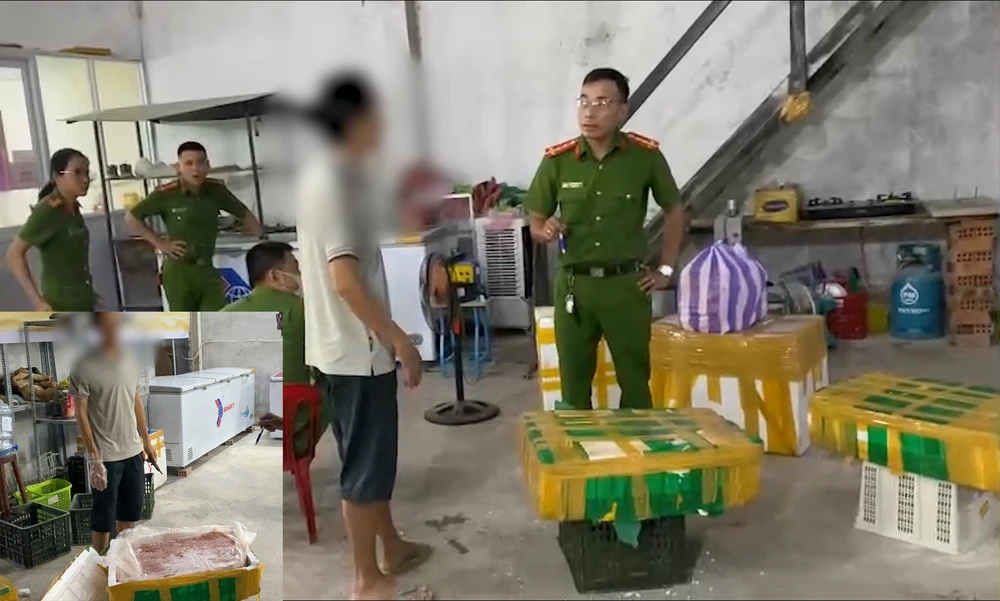 Sáng 30-6, Công an quận Liên Chiểu, TP Đà Nẵng kiểm tra kho hàng “Hải Sản Đà Thành” ở phường Hòa Khánh Nam, quận Liên Chiểu, phát hiện 50 kg vú heo không rõ nguồn gốc chuẩn bị đi giao cho khách. Ảnh: HẢI HIẾU