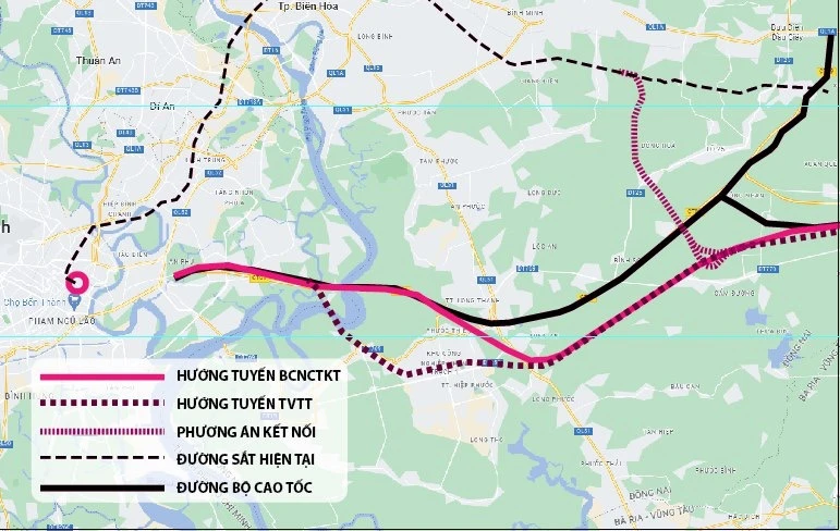 Hướng đi của tuyến đường sắt tốc độ cao Bắc - Nam đoạn qua địa phận TP.HCM. Đồ họa: THÙY TRANG