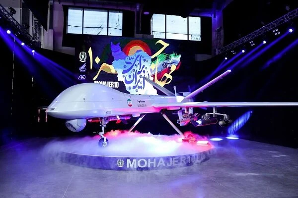 UAV Mohajer-10 tại triển lãm. Ảnh: MEHR