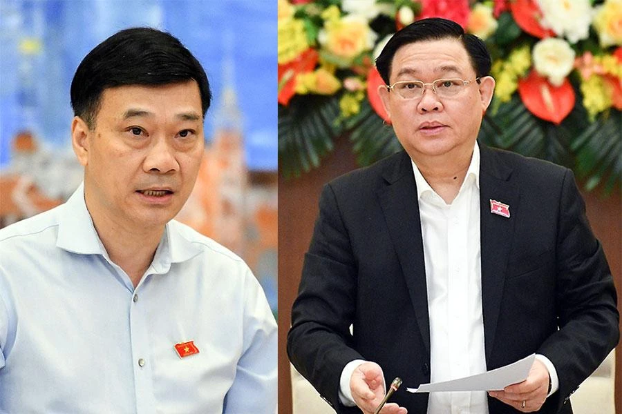 Chủ nhiệm Ủy ban Kinh tế Vũ Hồng Thanh (trái) trình bày báo cáo và Chủ tịch Quốc hội Vương Đình Huệ phát biểu tại phiên họp. Ảnh: quochoi.vn