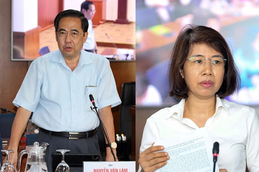 Ông Nguyễn Văn Lâm, Phó Giám đốc Sở LĐ-TB&amp;XH TP.HCM (trái) và bà Võ Thanh Thủy, Trưởng phòng Quản lý đất, Cục Thuế TP.HCM, thông tin tại buổi họp báo. Ảnh: LÊ THOA