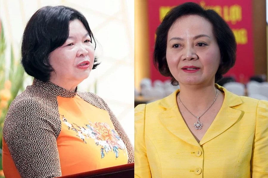 Bà Cao Xuân Thu Vân, Phó Chủ tịch UBND tỉnh Bạc Liêu (trái) và Bộ trưởng Bộ Nội vụ Phạm Thị Thanh Trà tại hội nghị sáng 25-5. Ảnh: NGUYỆT THU