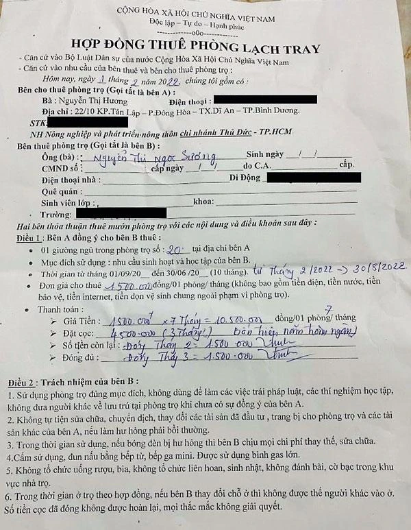 Hợp đồng thỏa thuận thuê trọ của sinh viên. Ảnh: ND