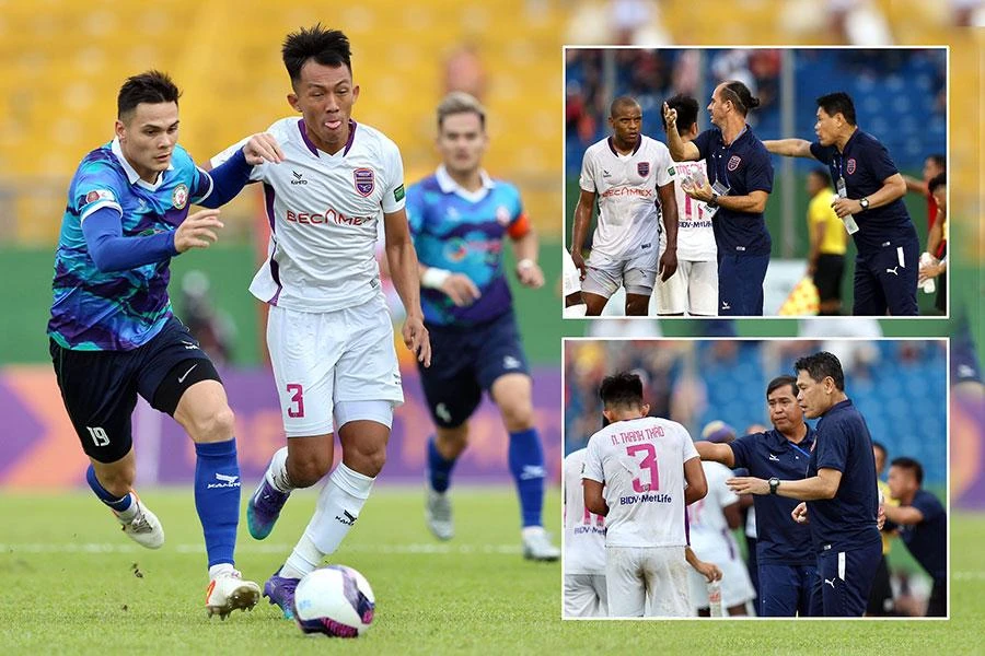 B. Bình Dương với năm HLV thay nhau chỉ đạo trong trận thua Bình Định. Ảnh: ANH DUY