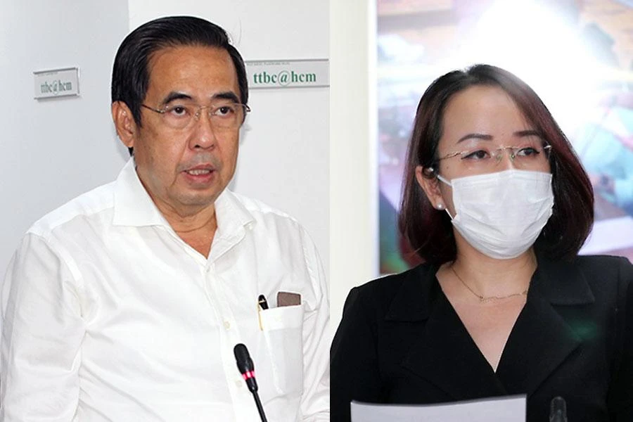 Phó Giám đốc Sở LĐ-TB&amp;XH TP.HCM Nguyễn Văn Lâm (trái) và Phó Chánh Văn phòng Sở Y tế TP.HCM Lê Thiện Quỳnh Như phát biểu tại cuộc họp báo. Ảnh: NGUYỄN NHÂN