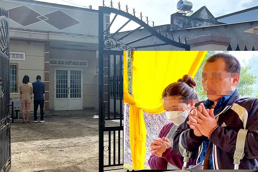 Ngôi nhà ông Q thuê để chăm nuôi cháu bé ở TP Bảo Lộc và ông Q tại đám tang của cháu bé (ảnh nhỏ). Ảnh: BT