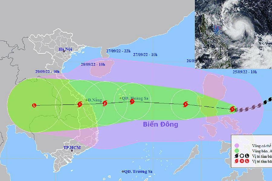 Vị trí, đường đi của bão số 4 và ảnh mây vệ tinh của bão số 4. Ảnh: nchmf.gov.vn