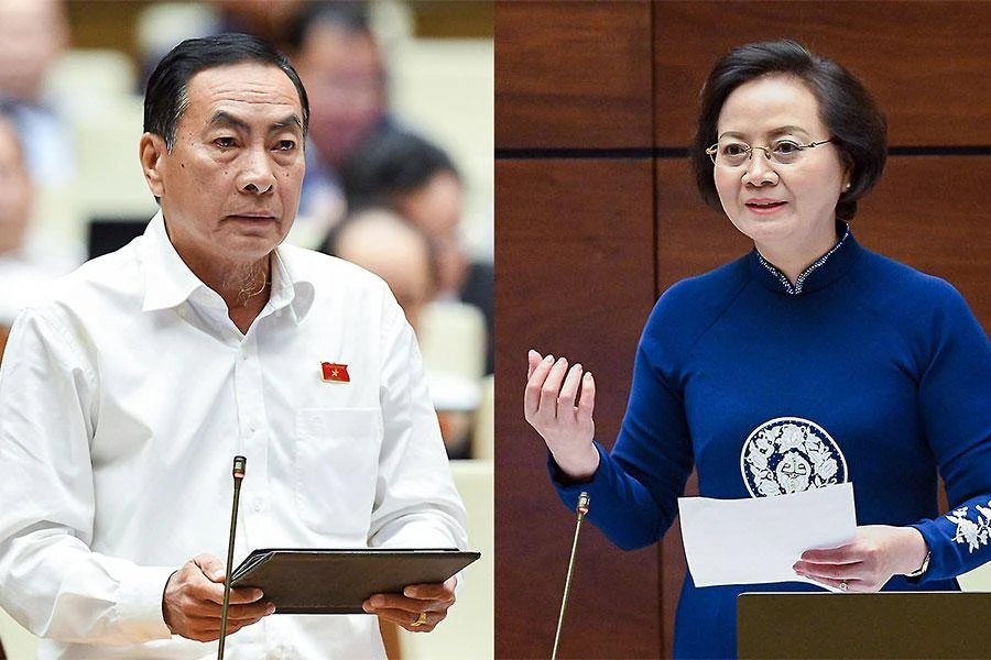 Đại biểu Phạm Văn Hòa (Đồng Tháp) chất vấn và Bộ trưởng Bộ Nội vụ Phạm Thị Thanh Trà trả lời về việc cán bộ, viên chức bị kỷ luật. Ảnh: QH