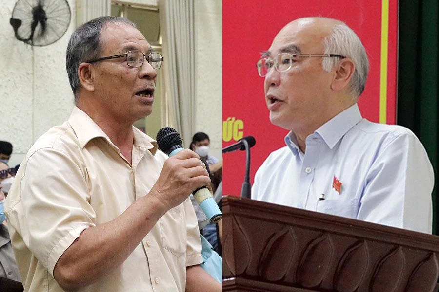 Cử tri Trương Thế Cần (trái, phường Phước Long B) nói về dự án treo và Trưởng ban Tuyên giáo Thành ủy TP.HCM Phan Nguyễn Như Khuê trả lời cử tri tại buổi tiếp xúc với đoàn đại biểu HĐND TP.HCM vào chiều 16-11. Ảnh: THANH TUYỀN