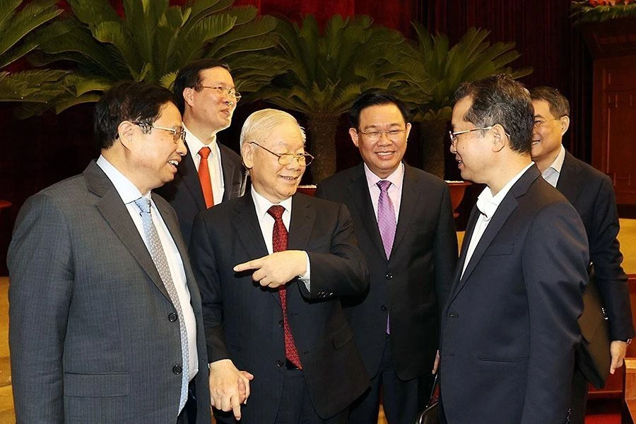 Tổng bí thư Nguyễn Phú Trọng, các lãnh đạo Đảng, Nhà nước và các đại biểu dự hội nghị. Ảnh: TTXVN