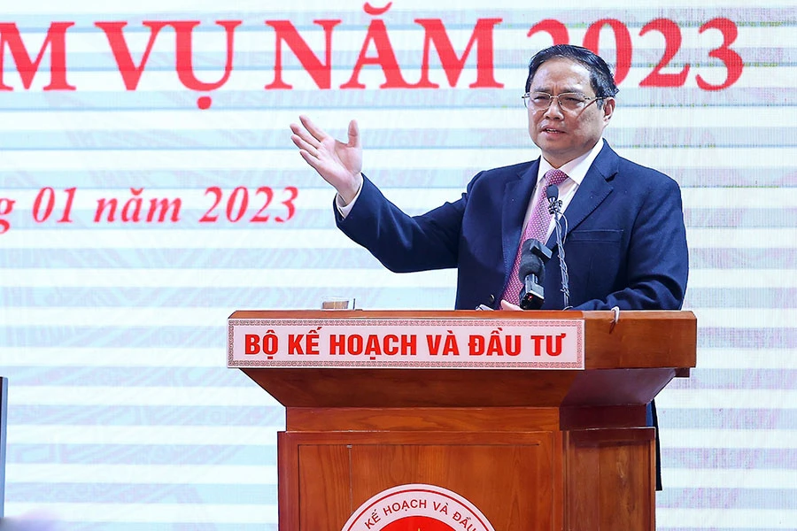 Thủ tướng Chính phủ Phạm Minh Chính phát biểu tại hội nghị của Bộ KH&amp; ĐT vào sáng 4-1. Ảnh: VGP