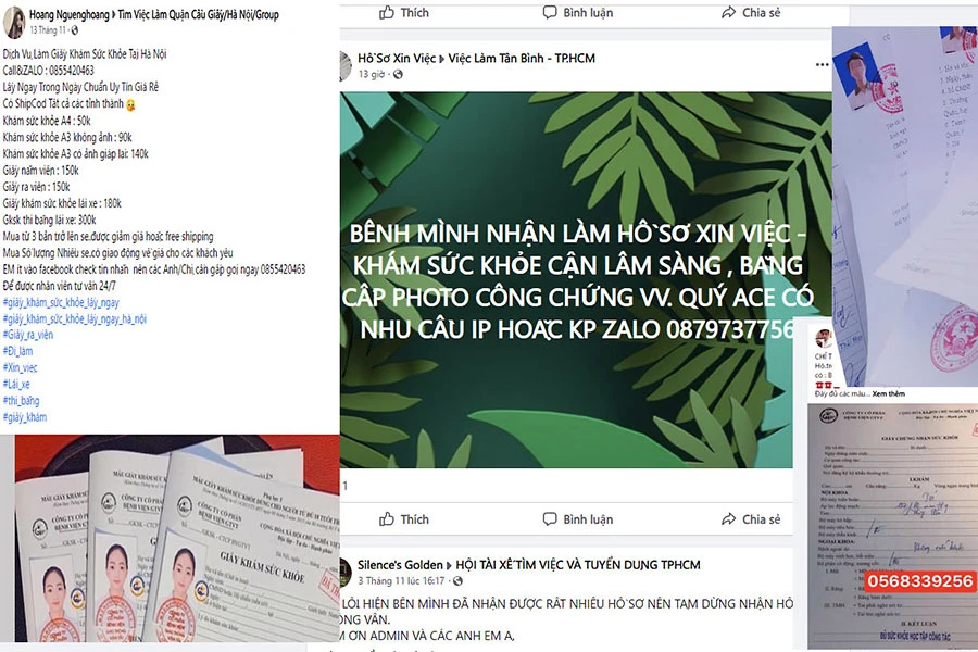 Nhan nhản các tài khoản đăng bài quảng cáo nhận làm giấy tờ giả trong nhóm “Giấy khám sức khỏe”, nhận làm giả hồ sơ trên nhiều nhóm. Ảnh: N.YÊN Nhan nhản các tài khoản đăng bài quảng cáo nhận làm giấy tờ giả trong nhóm “Giấy khám sức khỏe”, nhận làm giả hồ sơ trên nhiều nhóm. Ảnh: N.YÊN