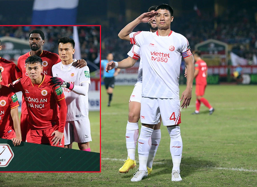 Đến khi chụp ảnh trước trận đấu mới phát hiện thủ môn Bùi Tiến Dũng mặc trang phục y hệt cầu thủ Viettel. Ảnh: VNN Đến khi chụp ảnh trước trận đấu mới phát hiện thủ môn Bùi Tiến Dũng mặc trang phục y hệt cầu thủ Viettel. Ảnh: VNN