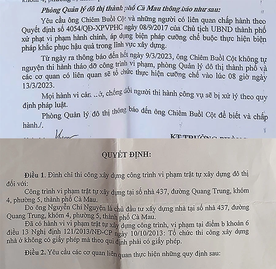 Hai hộ dân đều vi phạm xây dựng nhưng hộ ông Cột có quyết định cưỡng chế, còn hộ ông Nguyện nhà liền kề thì chưa. Ảnh: T.VŨ