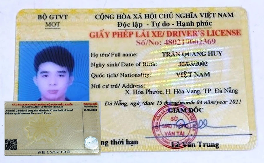 Bằng lái giả mà Trần Quang Huy sử dụng để đối phó với lực lượng chức năng. Ảnh: HẢI HIẾU