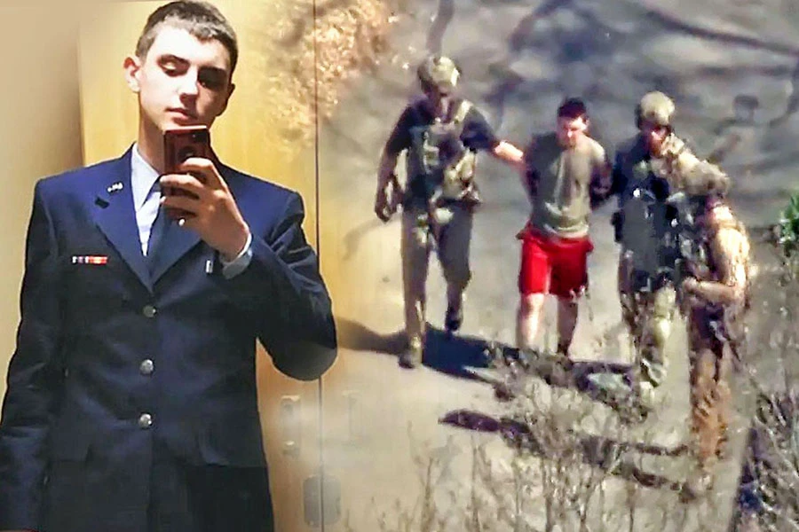 Nghi phạm Jack Teixeira (trái) và ảnh hiện trường khi đặc vụ Mỹ bắt giữ nghi phạm tại nhà riêng ở khu vực North Dighton, bang Massachusetts ngày 13-4 (phải). Ảnh: UNPIX