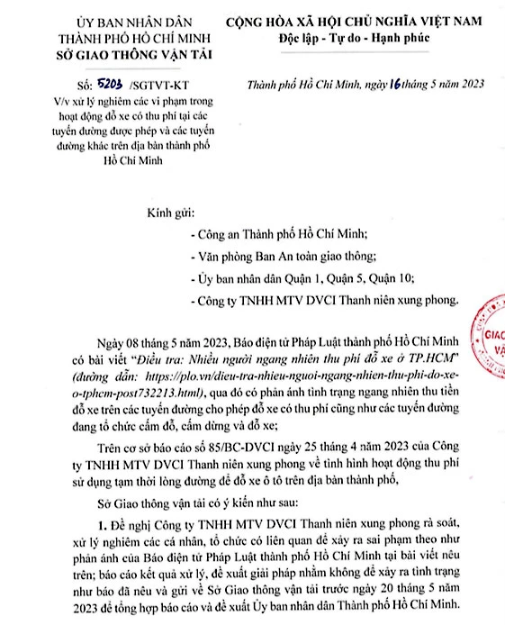 Sở GTVT TP.HCM gửi văn bản cho Công an TP.HCM và các đơn vị liên quan xử lý theo phản ánh của báo Pháp Luật TP.HCM. Ảnh: NY