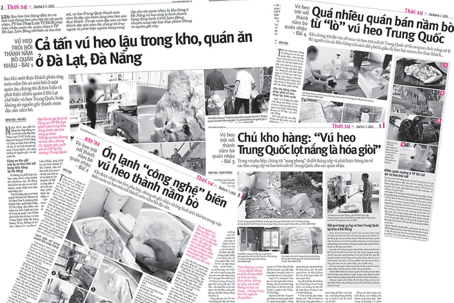 Những bài báo được đăng tải trong tuần về tình trạng vú heo trôi nổi thành nầm bò quán nhậu của Pháp Luật TP.HCM.