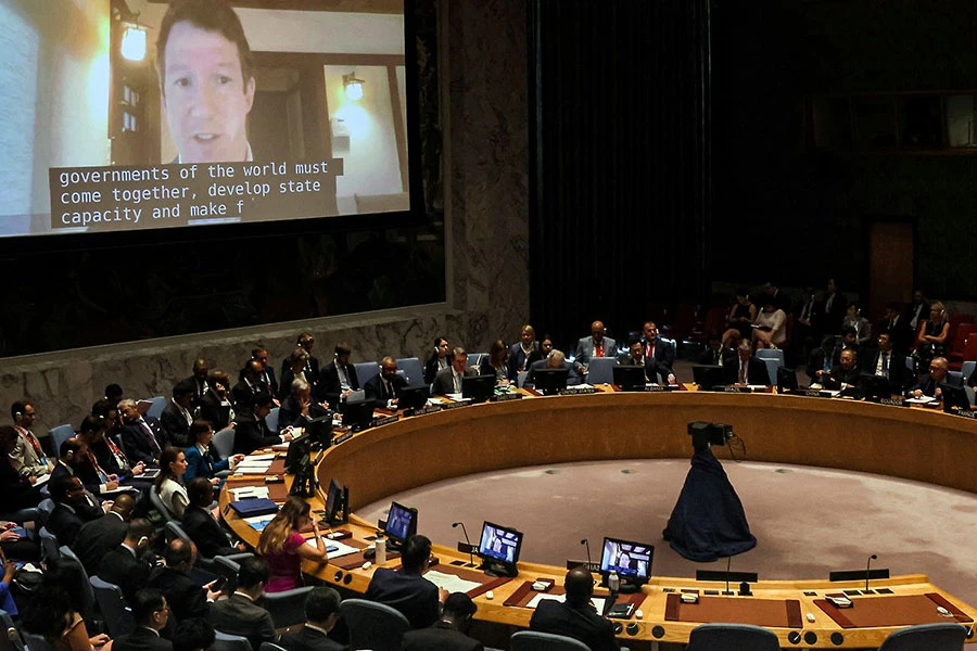 Hội đồng Bảo an Liên hợp quốc lần đầu họp bàn về quản lý rủi ro AI tại trụ sở Liên hợp quốc ở New York (Mỹ) ngày 18-7. Ảnh: SKY NEWS