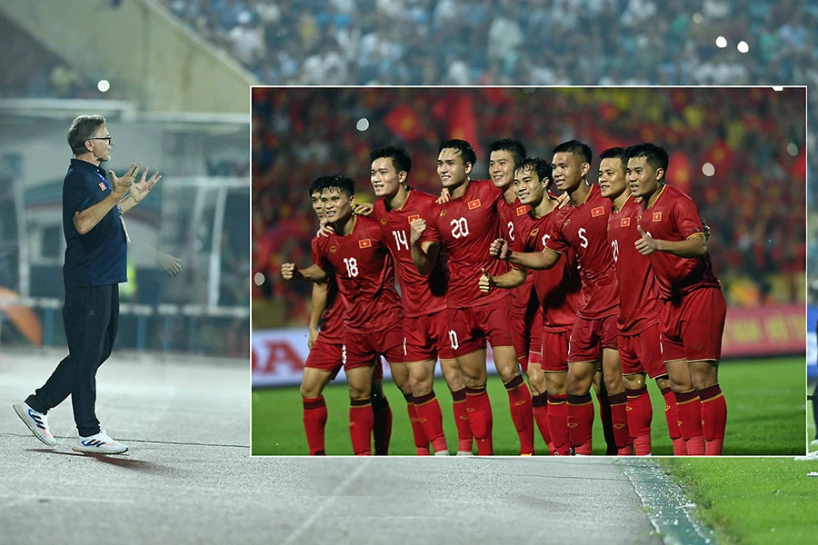 HLV Troussier và các tuyển thủ Việt Nam trong trận thắng Palestine 2-0. Ảnh: ANH THỊNH