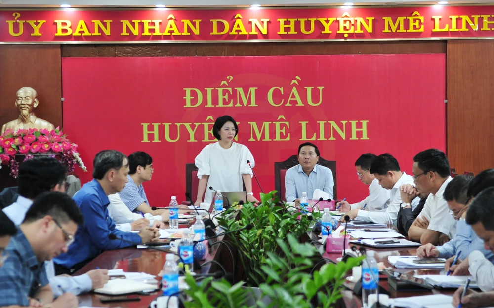 Giám đốc Sở Y tế Hà Nội Trần Thị Nhị Hà làm việc với huyện Mê Linh ngày 20-3 (Ảnh: TP)