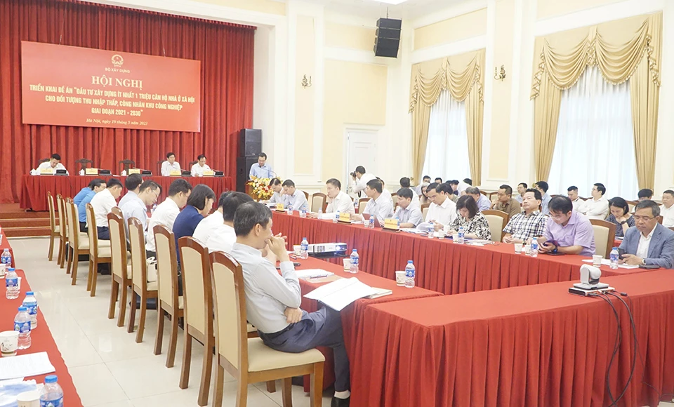 Toàn cảnh hội nghị về triển khai đề án 1 triệu căn NƠXH do Bộ Xây dựng tổ chức sáng nay 19-5 (Ảnh: BXD)