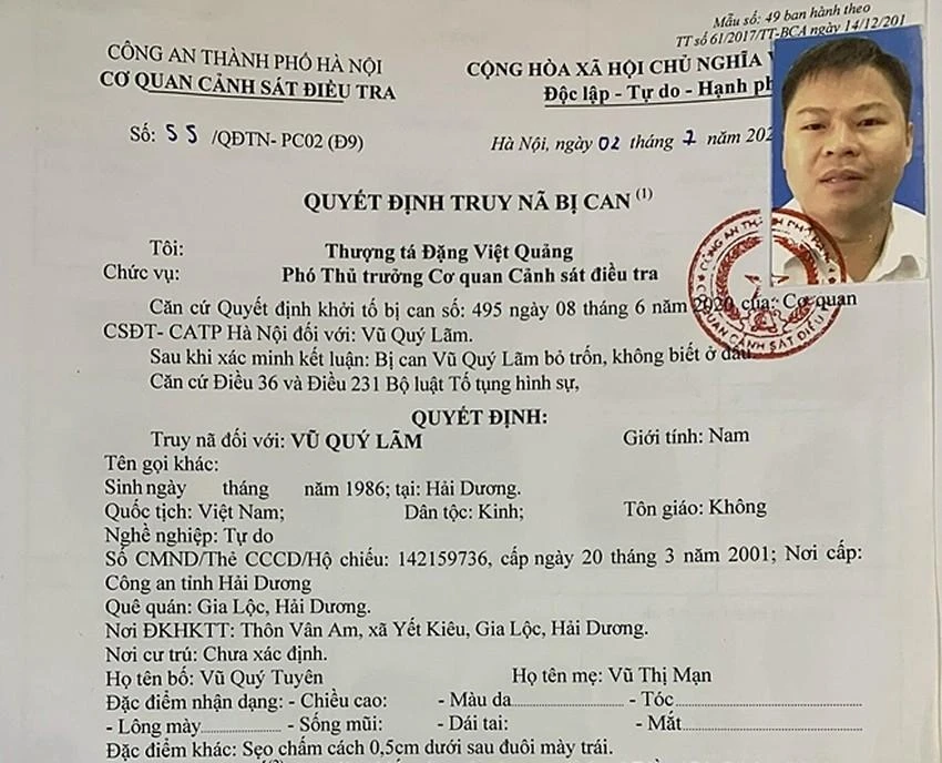 Vũ Quý Lãm bị phát lệnh truy nã. Ảnh: CA